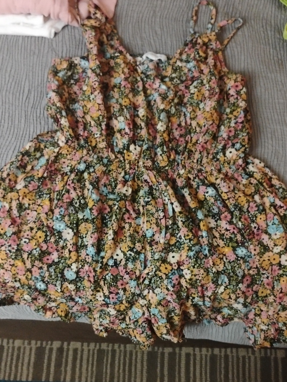 Floral Drawstring Romper in Pink, Yellow & Blue